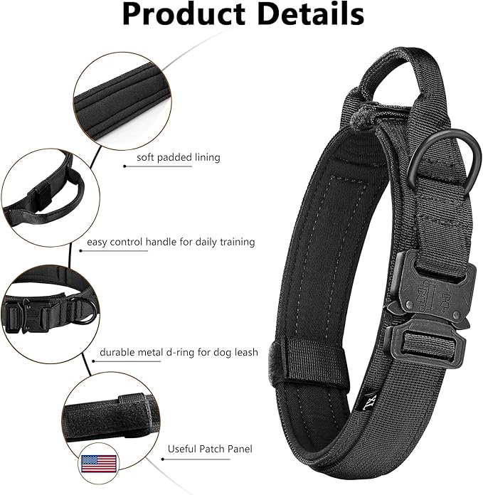 DAGANXI Tactical Dog Collar, Adjustable Military Training Nylon Dog Collar with Control Handle and Heavy Metal Buckle for Medium and Large Dogs, with Patches and Airtags Case (S, Black)