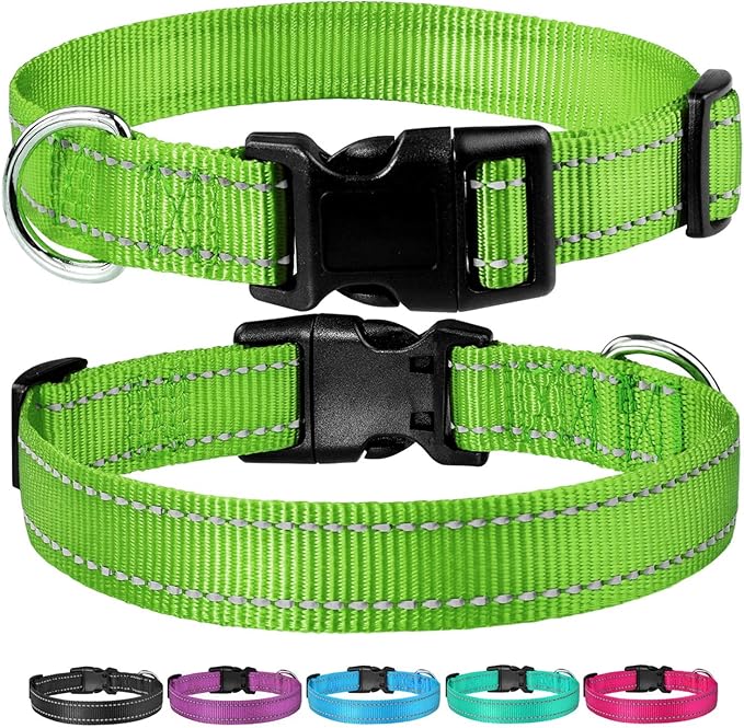 Reflective Dog Collar with Buckle Adjustable Safety Nylon Collars for Small Medium Large Dogs, Grass Green M
