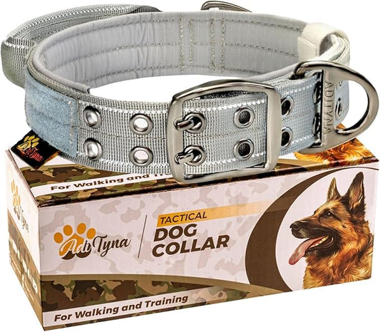 ADITYNA Heavy Duty Dog Collar for Medium Dogs - Reflective Gray Collar with Handle for Training, and Walking - Wide, Thick, Tactical, Soft Neoprene Padded