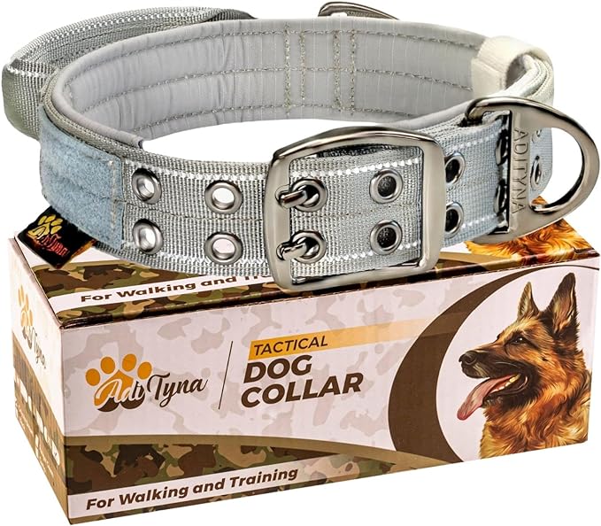 ADITYNA Heavy Duty Dog Collar for Large Dogs - Reflective Gray Collar with Handle for Training, and Walking - Wide, Thick, Tactical, Soft Neoprene Padded