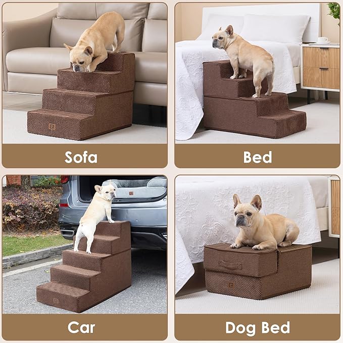 EHEYCIGA Dog Stairs for Bed 18”H, 4-Step Dog Steps for High Bed, Pet Steps for Small Dogs and Cats, Non-Slip Balanced Pet Ramp Indoor, Brown