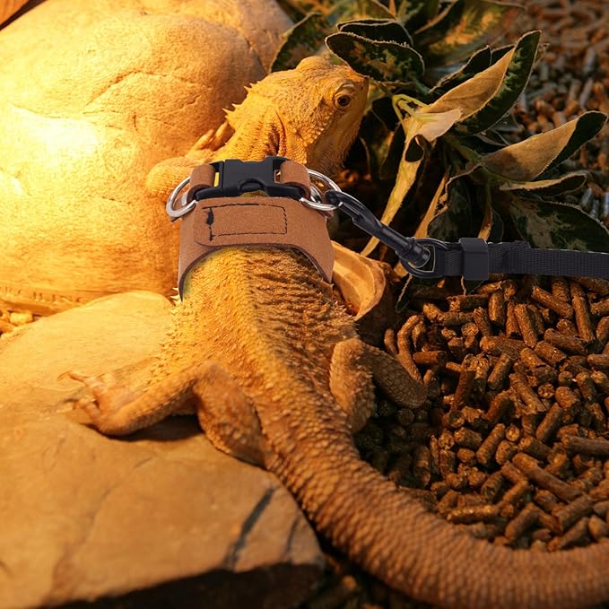 3 Pcs Bearded Dragon Harnesses, Adjustable Soft Leather Lizard Harness with Retractable Traction Rope Small Animal Walking Vest Leash Accessories Set for Reptiles Squirrel Lizard Chinchilla