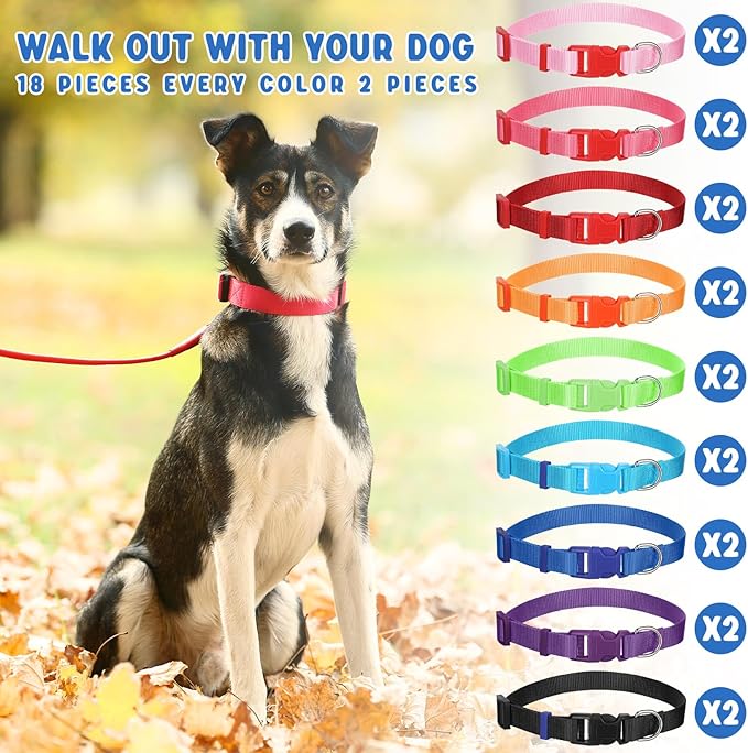 Sanwuta 18 Pcs Adjustable Dog Collar 9 Colors Nylon Soft Neoprene Padded Heavy Duty Medium Pet Collars with Buckle for Medium Dogs(Large,Bright Color)