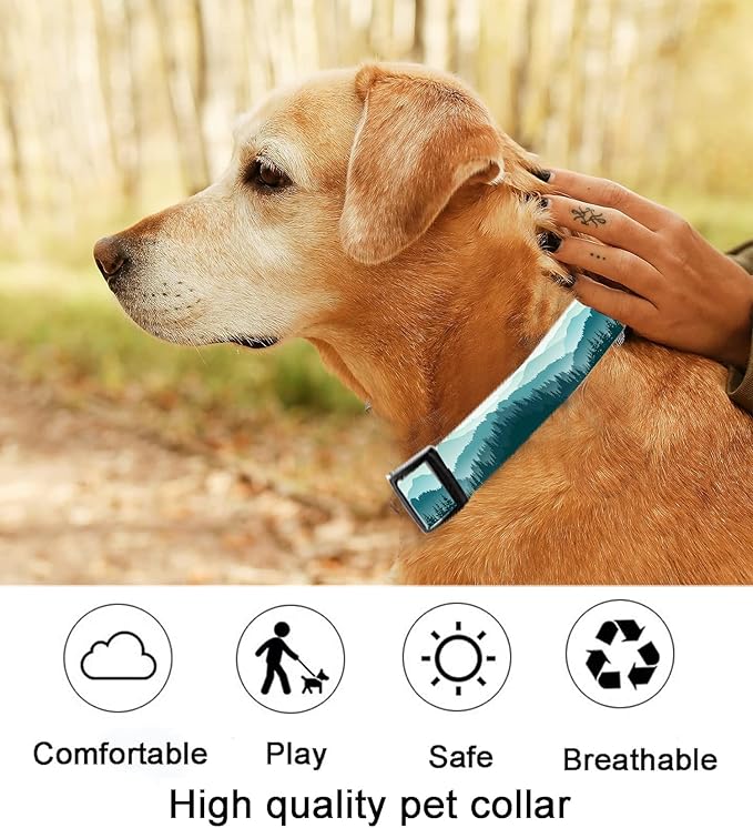Dog Collar, Cute Dog Collar for Small Medium Large Dogs, Personalized Adjustable Soft Pet Collars with Quick Release Buckle for Walking Running, Blue Beautiful Mountain