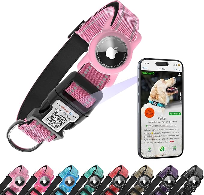 Dog Collar with QR Code, Reflective Dog Collar, Soft Neoprene Padded & Safety Locking Buckle Adjustable Pet Collar (Pink, M-with Airtag Holder)