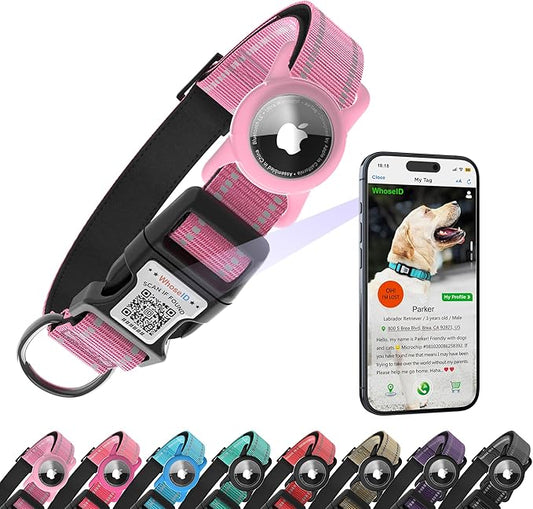 Dog Collar with QR Code, Reflective Dog Collar, Soft Neoprene Padded & Safety Locking Buckle Adjustable Pet Collar (Pink, M-with Airtag Holder)