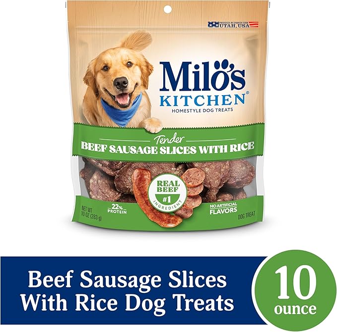 Milo's Kitchen Homestyle Dog Treats, Beef Sausage Slices, 10 Ounce, High Protein, No Artifical Flavors