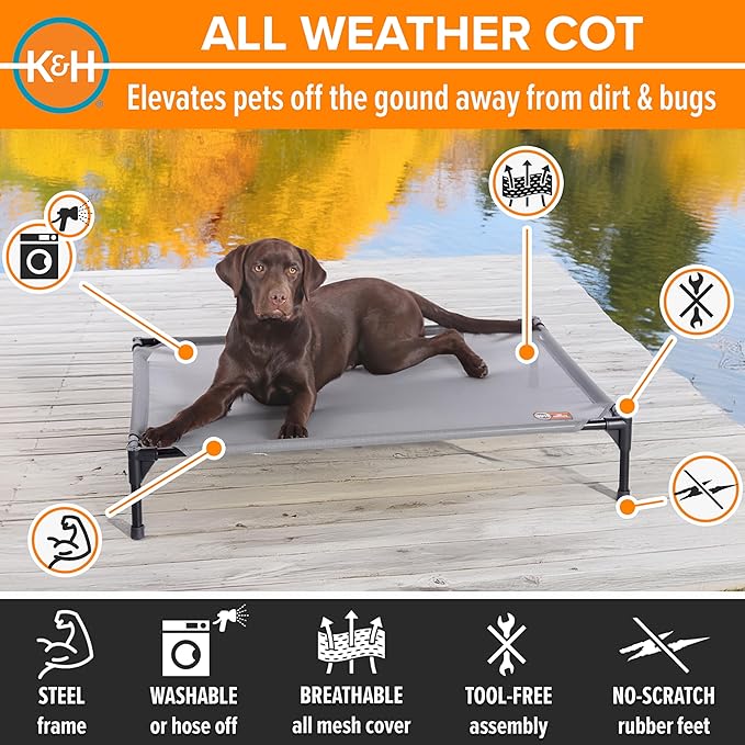 K&H Pet Products Elevated Outdoor Dog Cot Bed, Raised Cooling Bed with Washable Breathable Mesh for Large Dogs, Portable Raised Platform Pet Bed, Heavy Duty Metal Frame Hammock Bed, Large, Gray
