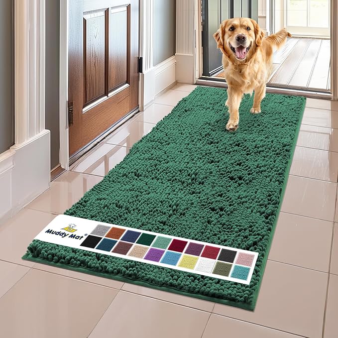 Muddy Mat® Shown on TV – Super Absorbent Microfiber Dog Door Mat for Muddy Paws, Non-Slip Washable Pet Rug, Quick Dry Chenille Entryway Carpet, Machine Washable Indoor Outdoor mat, Dark Green 59"x24"