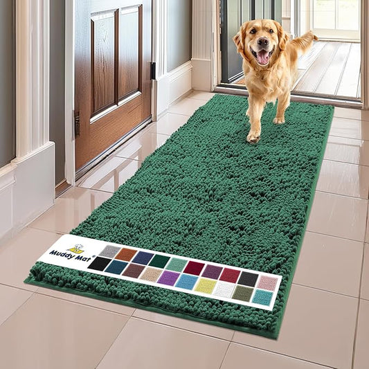 Muddy Mat® Shown on TV – Super Absorbent Microfiber Dog Door Mat for Muddy Paws, Non-Slip Washable Pet Rug, Quick Dry Chenille Entryway Carpet, Machine Washable Indoor Outdoor mat, Dark Green 59"x24"