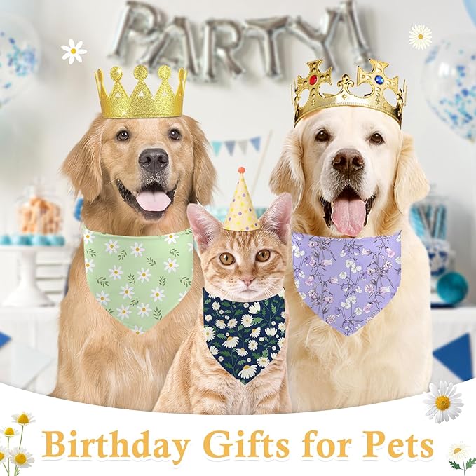 Yuboo Spring Floral Dog Bandanas 3 Pack, Colorful Green Blue Flower Dog Scarf for Boy and Girl, Adjustable Triangle Holiday Birthday Bandanas Scarf for Small Medium Cats Dogs Pets