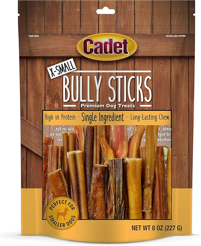 Cadet Bully Sticks for Extra-Small Dogs, All-Natural Beef Pizzle, Rawhide-Free Long-Lasting Dog Chews for Aggressive Chewers, 8 oz