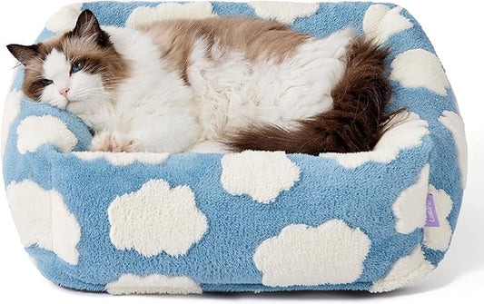 Lesure Cute Cat Beds for Indoor Cats - Washable Kitten Puppy Beds,Cozy Rectangle Orthopedic Pet Sofa with Jacquard Shaggy Plush & Anti Slip Bottom,20x19x6inches