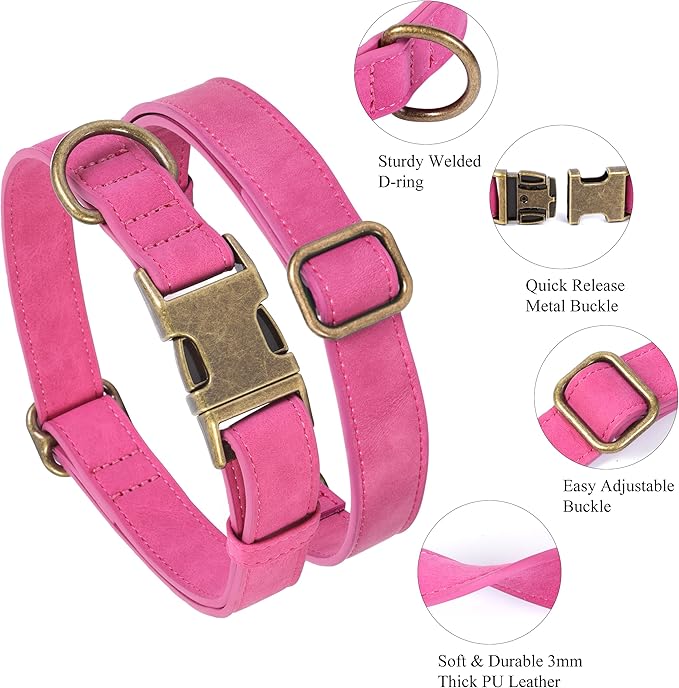 Soft Leather Dog Collar for Small Medium Large Dogs, Heavy Duty Dog Collar Leather with Quick Release Metal Buckle, Durable & Adjustable for Small Dogs Walking (Hot Pink, S)