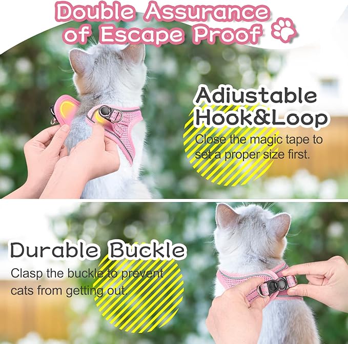 Cat Harness and Leash Escape Proof,Adjustable Soft Mesh Kitten Vest Harness for Walking Reflective Pet Harness for Cat Small Dogs Puppy (Pink, XXS)