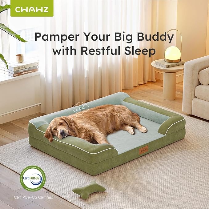 Jumbo Dog Bed for Extra Large Dogs, Orthopedic Dog Bed with Cooling Gel Memory Foam, Waterproof Pet Bed with Removable Washable Cover, 45" Pet Sofa Couch Dutch Velvet with Bone Toy, Dark Green