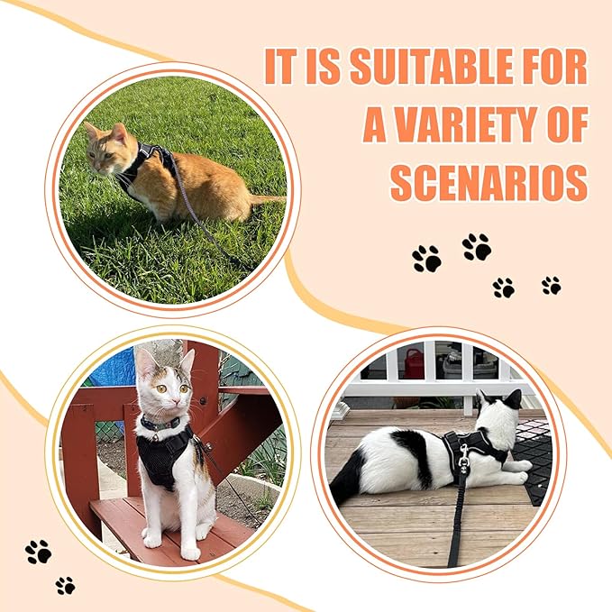 Cat Harness and Leash Set,Escape Proof Adjustable Cat Harness,Soft and Breathable Kitten Harness and Leash with Reflective Strips for Walking and Traveling(Black,XS)