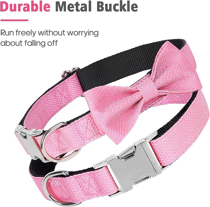 Dog Collar with Bow for Small Medium Large Dogs, Cute Bling Dog Bow Tie Collar with Metal Buckle, Soft & Durable for Medium Dogs Walking (Light Pink, M)