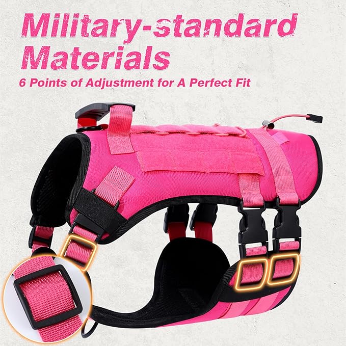 No Pull Tactical Dog Harness for Large Dogs, Escape Proof Molle Dog Vest Harness and Leash Set, Adjustable Military Service Dog Harness with Handle for Medium Large Dogs(Pink, S)