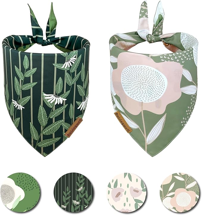 Summer Dog Bandanas 2 Pack, 4 Pattern Reversible Green Dog Bandana, Adjustable, Washable, Spring Floral Triangle Scarf for Medium to Large Breed Dogs, boy and Girl (Large)