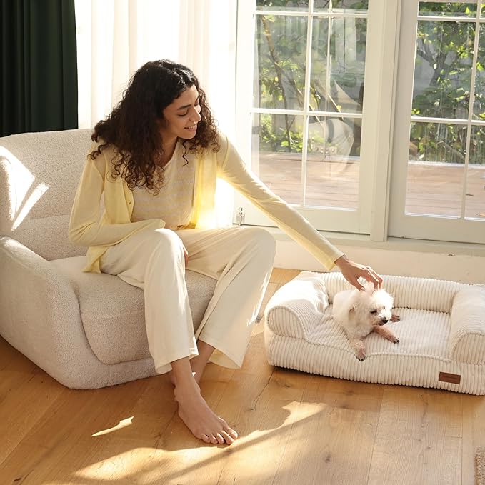 FUKUMARU Cat Couch Bed, Corduroy Cozy Cat Bed for Indoor Cats with Removable Washable Cover, Supportive Anti-Slip Dog Beds Sofa for Small Dogs Cute, 27inch, Medium, Cream
