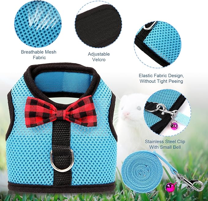 Rypet Small Animal Harness and Leash - Soft Mesh Small Pet Harness with Safe Bell, No Pull Comfort Padded Vest for Small Pet Blue S