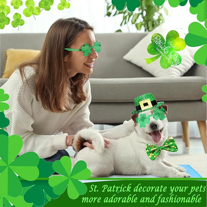 St Patrick's Day Dog Costume 3 Pcs Irish Leprechaun Green Tall Hat Pet Shamrock Sunglasses Bow Tie Kit for Large Dogs Saint Patricks Day Parties Dog Outfits (Large, Irish buckle hat bowtie sunglasses)