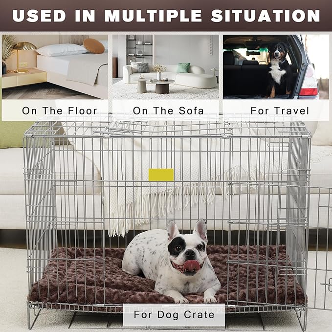 Washable Dog Bed Mat Reversible Dog Crate Pad Soft Fluffy Pet Kennel Beds Dog Sleeping Mattress for Large Jumbo Medium Small Dogs, 41 x 27 Inch, Brown