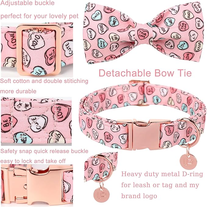 Valentine’s Dog Collar with Bow Tie, Pink Heart Bowtie Collar with Metal Buckle, Valentine’s Gift Pet Collar for Puppy Girl Boy Dog or Cat, Wedding Dog Collar, XS