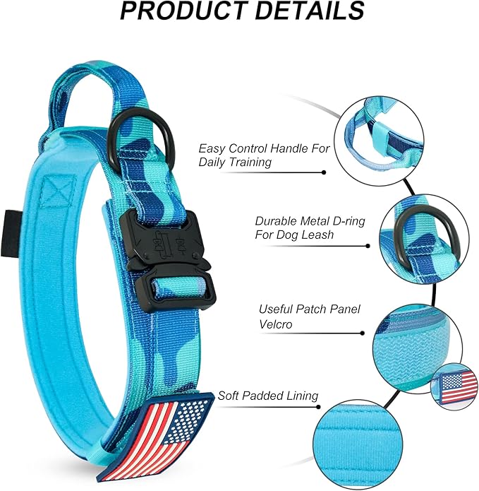 Hotsky Tactical Dog Collar, Adjustable Military Training Nylon Airtag Collar with Handle and Heavy Duty Metal Buckle for Medium Large Dogs, with Airtag Holder and Two Patches(Blue Camo,XL)