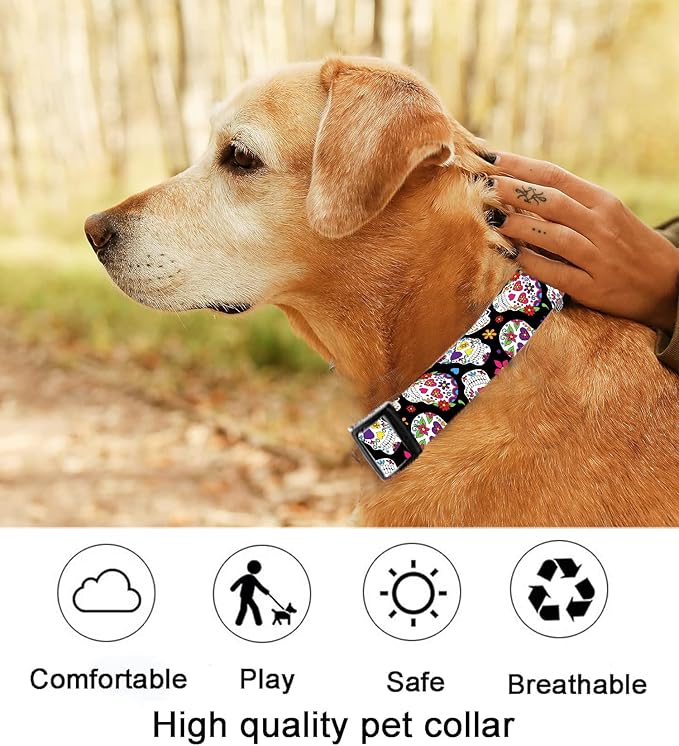 Dog Collar, Cute Dog Collar for Small Medium Large Dogs, Personalized Adjustable Soft Pet Collars with Quick Release Buckle for Walking Running, Cute Floral Skulls