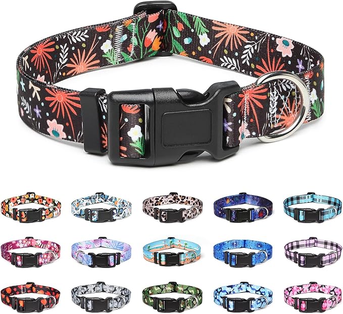 Adjustable Dog Collar with Patterns, Ultra Comfy Soft Nylon Breathable Pet Collar for Small Medium Large Dogs (M, Plants)