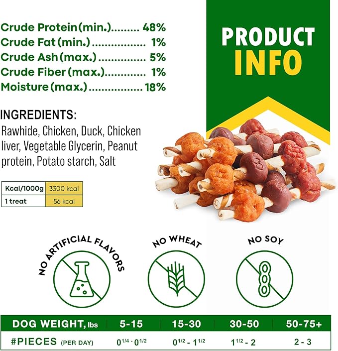 Dog Treats Rawhide Sticks Wrapped with Chicken 11 oz Pet Natural Chew Treats - Grain Free Meat & Human Grade Dried Snacks - Best for Small & Large Dogs (10.6 Ounce (Pack of 1), Rawhide Kabob)