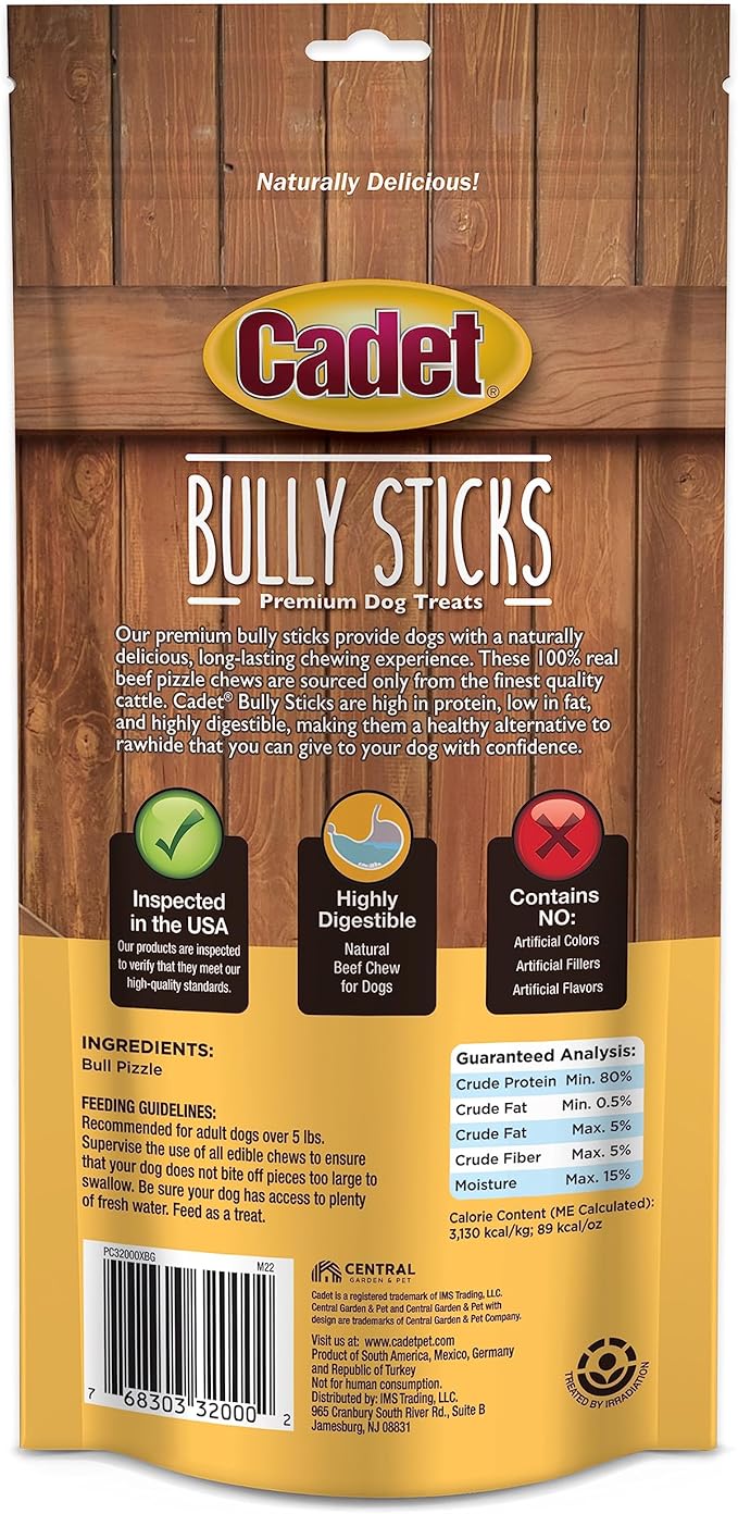 Cadet Bully Sticks for Small Dogs, All-Natural Beef Pizzle, Rawhide-Free Long-Lasting Dog Chews for Aggressive Chewers, 4 Count