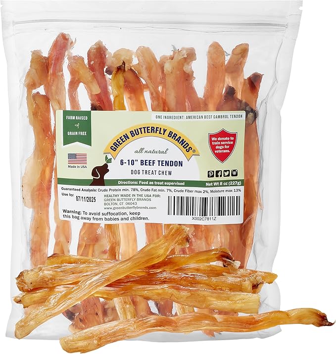 Beef Tendons for Dogs Made in USA. 6-10 Inch Grass Fed Farm-Raised American Beef Dog Treats. All Natural Dog Dental Chews. Grain Free Odor-Free Beef Dog Chews 8 Ounce