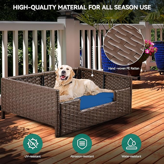 YITAHOME Rattan Dog Sofa Bed with Cushion,Wicker Pet Bed Sofa Couch Indoor Outdoor Water Resistant for Large Medium Small Dogs Cats (38.6''L*26.4''W*15''H,Blue)