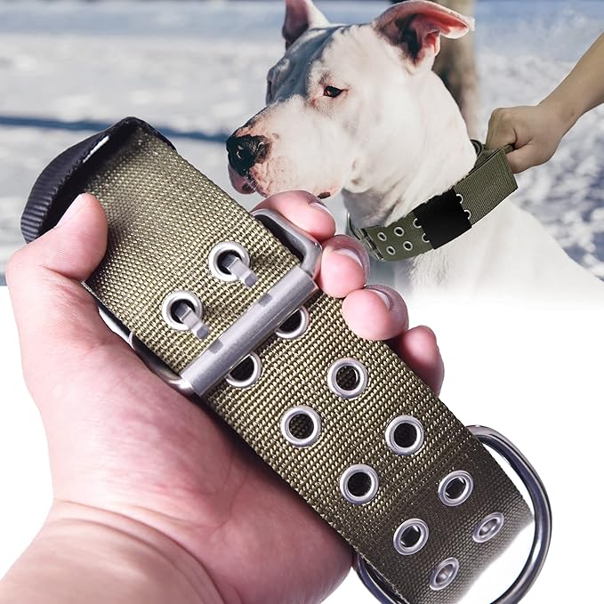 Large Dog Collar Heavy Duty- 2 inches Wide Tactical Dog Collar with Handle for Gaint Dogs, Extra Strong Nylon with Stainless Hardware, Military Green 17"-22"