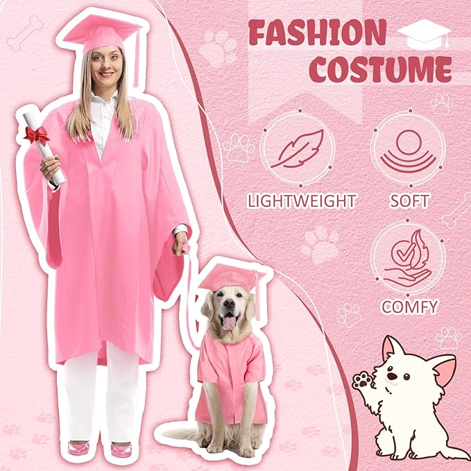 Xuniea 2 Pcs Dog Graduation Costume Set 2025 Dog Graduation Cap and Gown Puppy Hat with Tassel Matte Pet Grad Outfit Cats Grad Bear Holiday Party Costume Accessory(Pink,Large)