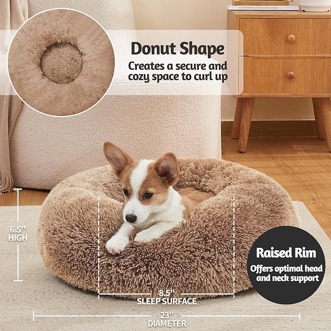 OhGeni Calming Donut Dog Bed Pillow for Small Medium Pets, Machine Washable Removable Cover, Comfort Plush Fluffy Faux Fur with Anti-Slip Bottom, Cats-Friendly Round Cuddly Design, Ocher, 23 inches