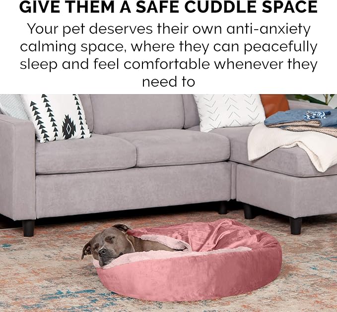 Furhaven 24" Round Calming Donut Dog Bed for Indoor Cats & Small Dogs, Washable, For Dogs Up to 20 lbs - Plush Velvet Waves Hooded Donut Bed - Rose Pink, Small