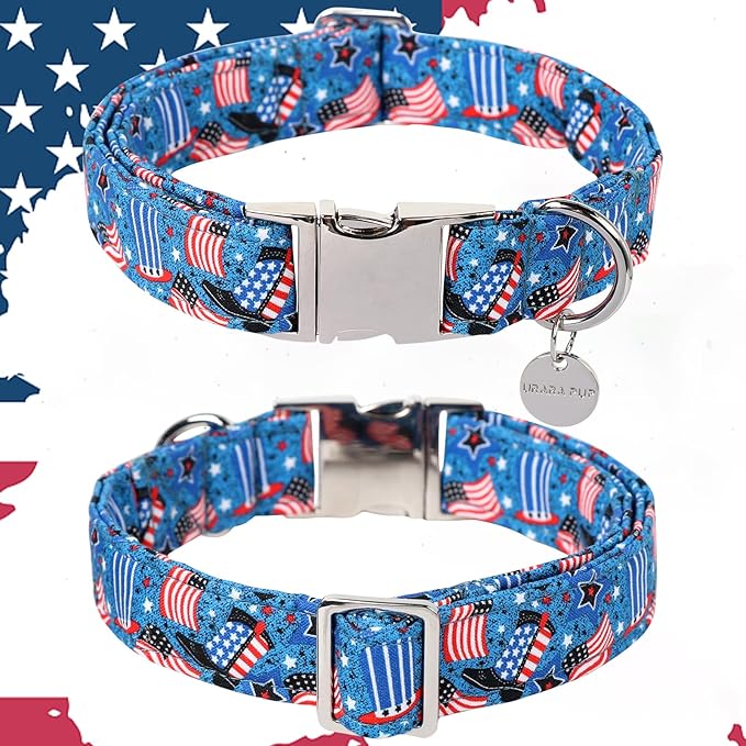 Patriotic Dog Collar, 4th of July Dog Collar, American Flag Collar for Puppy Boy Girl Dog or Cat, Comfortable Summer Collar with Metal Buckle, XS, Neck 8-12in, HatFlag CC