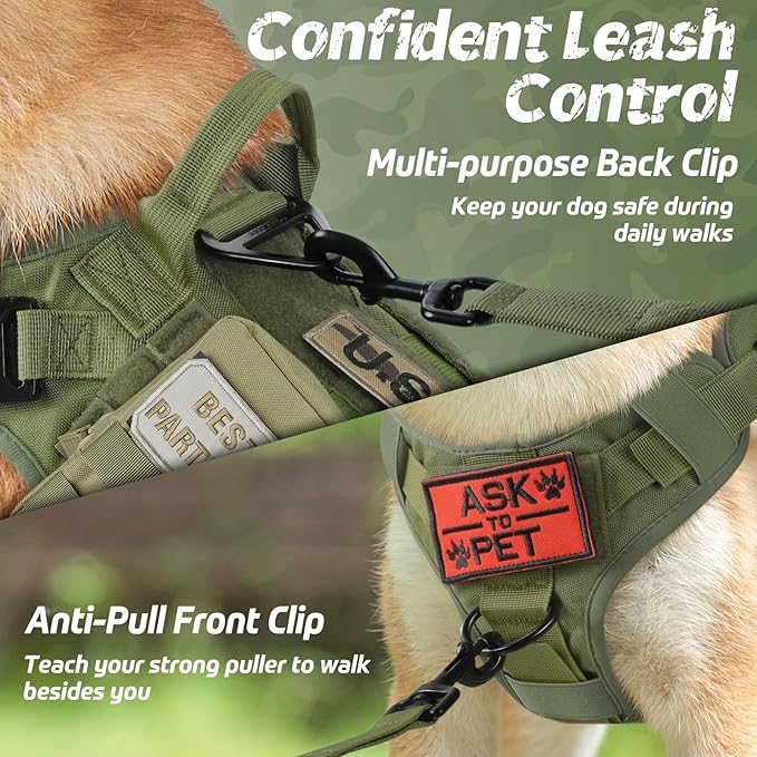 rabbitgoo Tactical Dog Harness for Small, Heavy Duty Pet Harness with Handle, No-Pull Service Vest Small Breed, Adjustable Military Dog Vest for Training Hunting Walking, Green, S