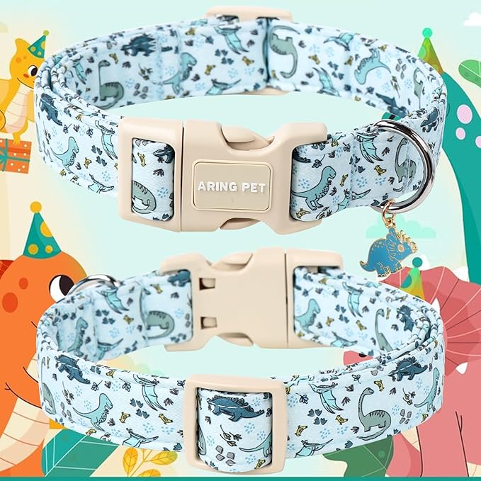 ARING PET Dinosaur Dog Collar-Cute Spring Blue Dog Collars, Adjustable Dinosaurs Print Pet Collars Puppy Collar with Quick Release Buckle