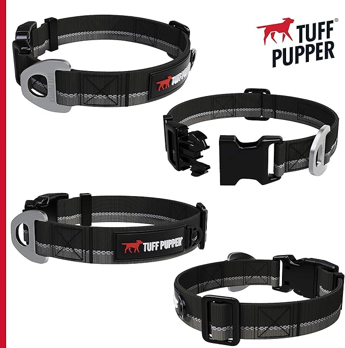 Tuff Pupper Heavy Duty Dog Collar | Reflective with Aluminum D-Ring Leash Clip | Separate Dog ID Tag Attachment | Easy Sizing for All Breeds
