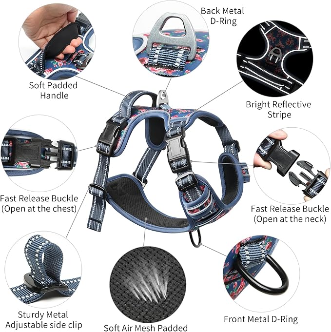 Timos Dog Harness for Medium Dogs, No Pull Service Vest with Reflective Strips and Control Handle,No Choke Dog Harness with 2 Metal Rings for Easy Walking,Outdoor Training,Flower Blue, M
