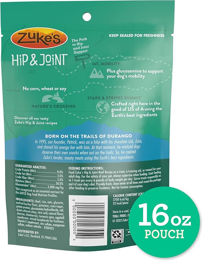 Zukes Hip and Joint Support Dog Treats for Adult Dogs, Senior Dog Treats Made with Real Beef, 16 oz. Resealable Pouch - 16 oz. Bag