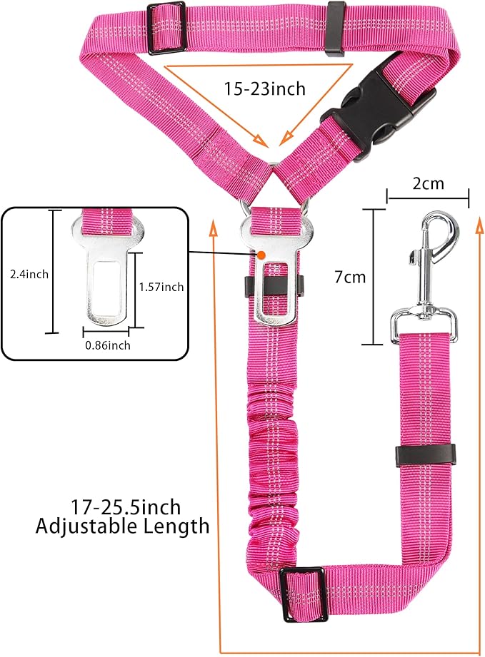 YAOHDAO Dog Seat Belt Harness for Car, Restraint Adjustable with Elastic Bungee Buffer Headrest for Vehicle, 360° Swivel Carabiner Nylon Pet Safety Seat Belts Heavy Duty Car Harness for Dogs Rosy Red