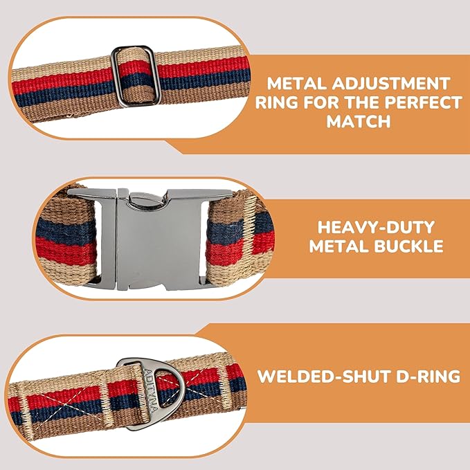 ADITYNA Cotton Dog Collar with AirTag Holder - Heavy-Duty Metal Buckle, Breathable, Easy Adjustable for Large & Extra-Large Breeds - for Walking, Training (Vintage Stripes, Fits 19-30" Necks)