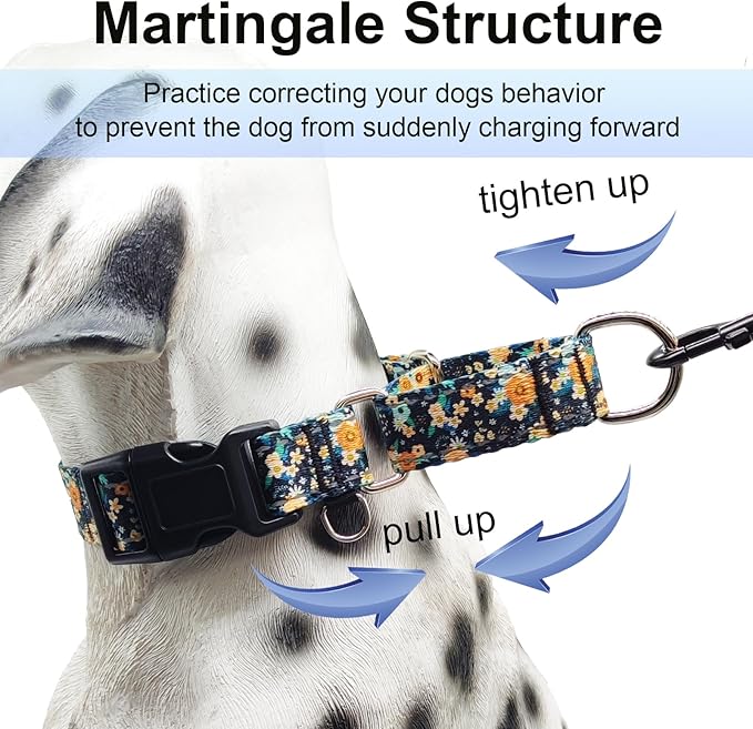Reflective Martingale Dog Collar with Buckle Soft Nylon Floral No Slip Dog Collars for Small Dogs (Black Orange Flowers, S)