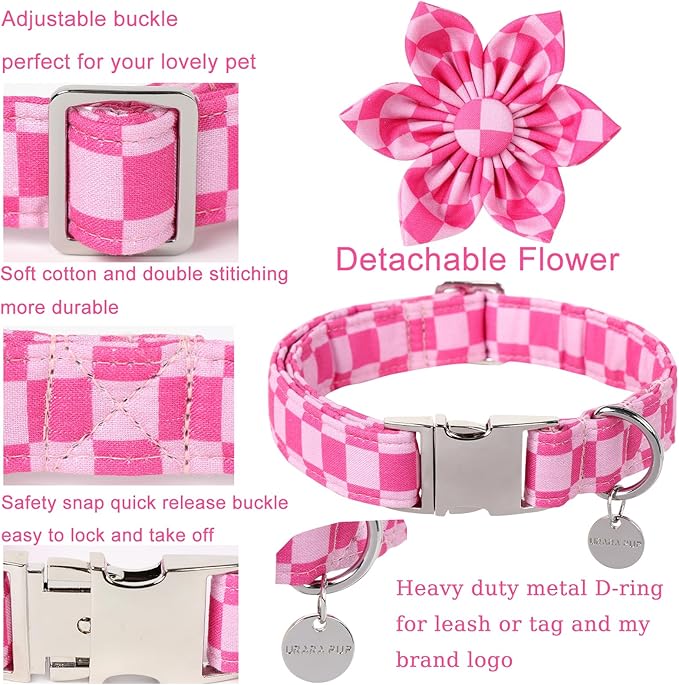 Dog Collar with Flower, UP URARA PUP Cute Pink Dog Bowtie Collar, Detachable Flower Bow Puppy Collar with Metal Buckle for Dogs,L